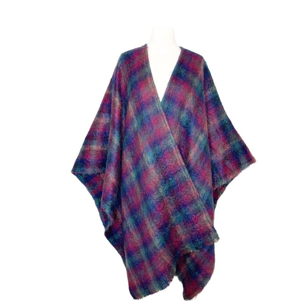 Vintage 60s Therese Ahrens Mohair Shawl RARE‎ Dark Rainbow Plaid Fuzzy Ruana